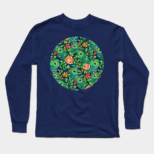 Peacock Feather Posies on dark Long Sleeve T-Shirt by micklyn